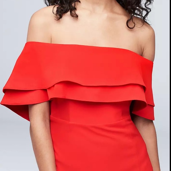 Flounced crepe off-the-shoulder sheath dress - Picture 1 of 5